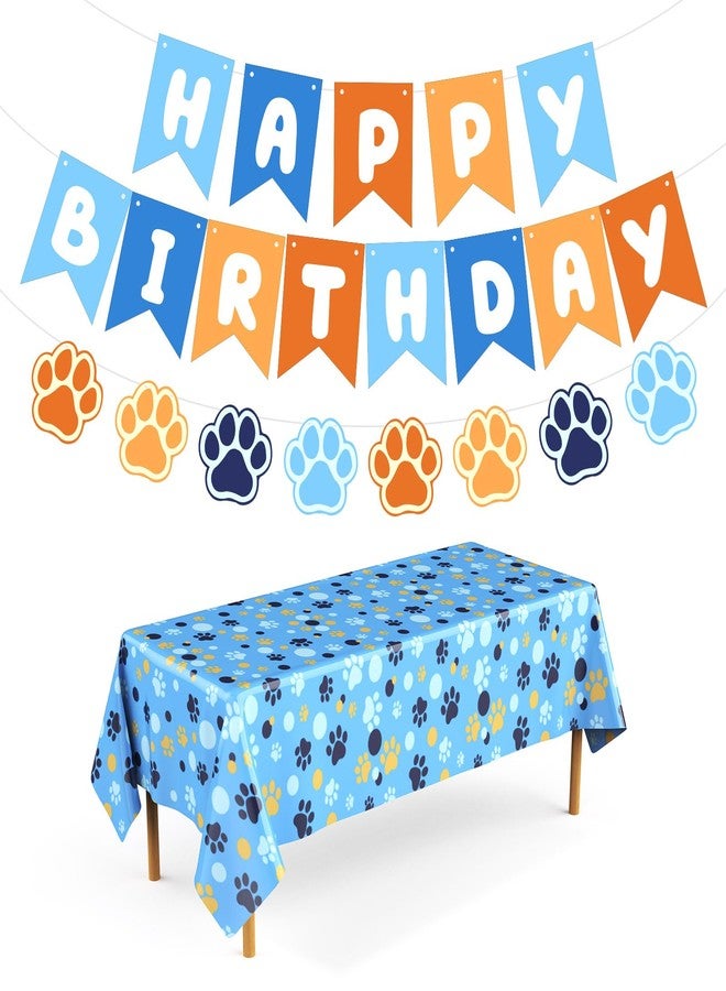 Breling Blue and Orange Party Decorations, Include Dog Paw Print Plastic Tablecloth 54 x 108 Inch, Blue and Orange Birthday Banners, Dog Paw Birthday Banner Decoration for Puppy Themed Party Supplies - Image 1